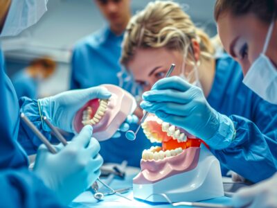 Dental students learning and practicing techniques on a plastic model. They are focused on precision and teamwork in a clinical environment. This image is perfect for educational and medical themes. AI