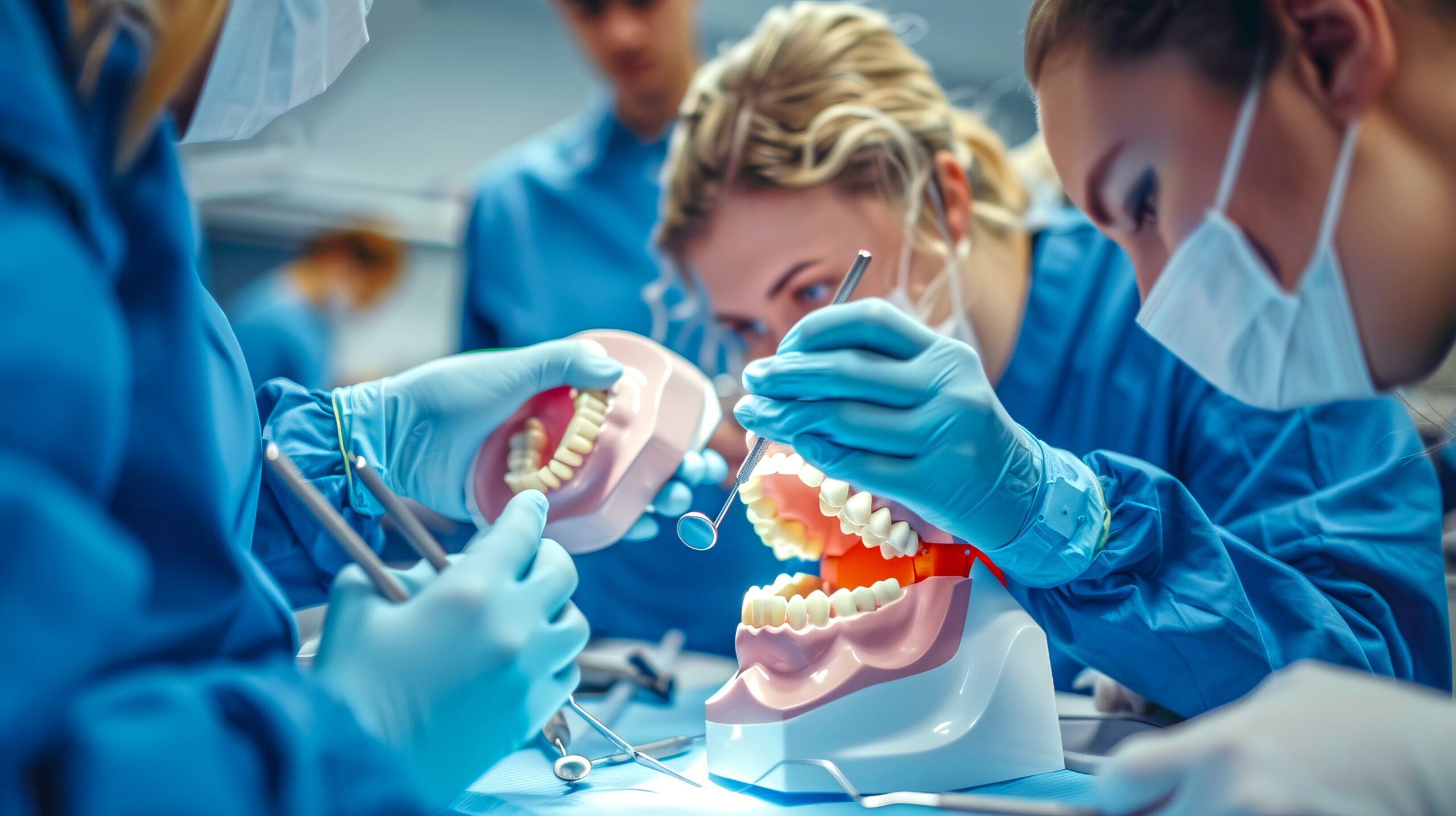 Dental students learning and practicing techniques on a plastic model. They are focused on precision and teamwork in a clinical environment. This image is perfect for educational and medical themes. AI
